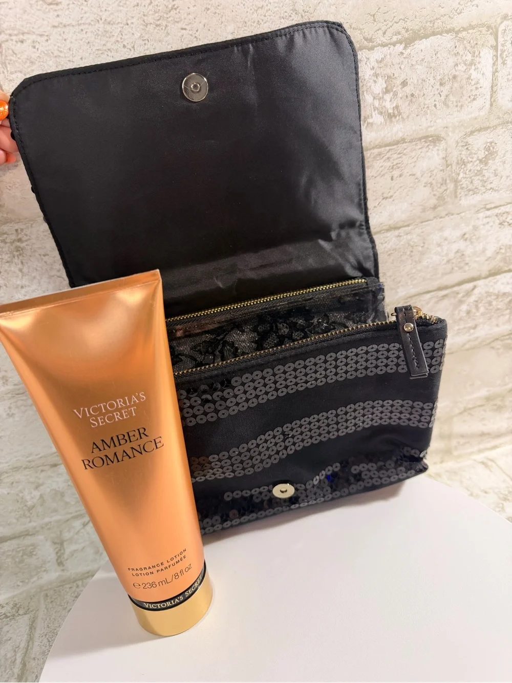 Victoria's Secret Set w/ Black Sequin Toiletry Bag & Amber Romance Body Lotion
